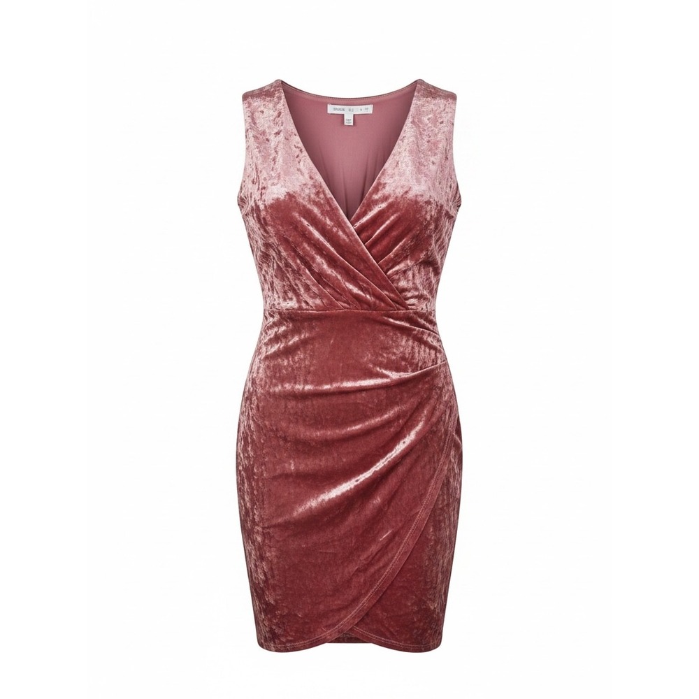 Fraiche by J Ice Pink Crushed Velvet V-Neck Faux Wrap Dress FD 2121 Small
